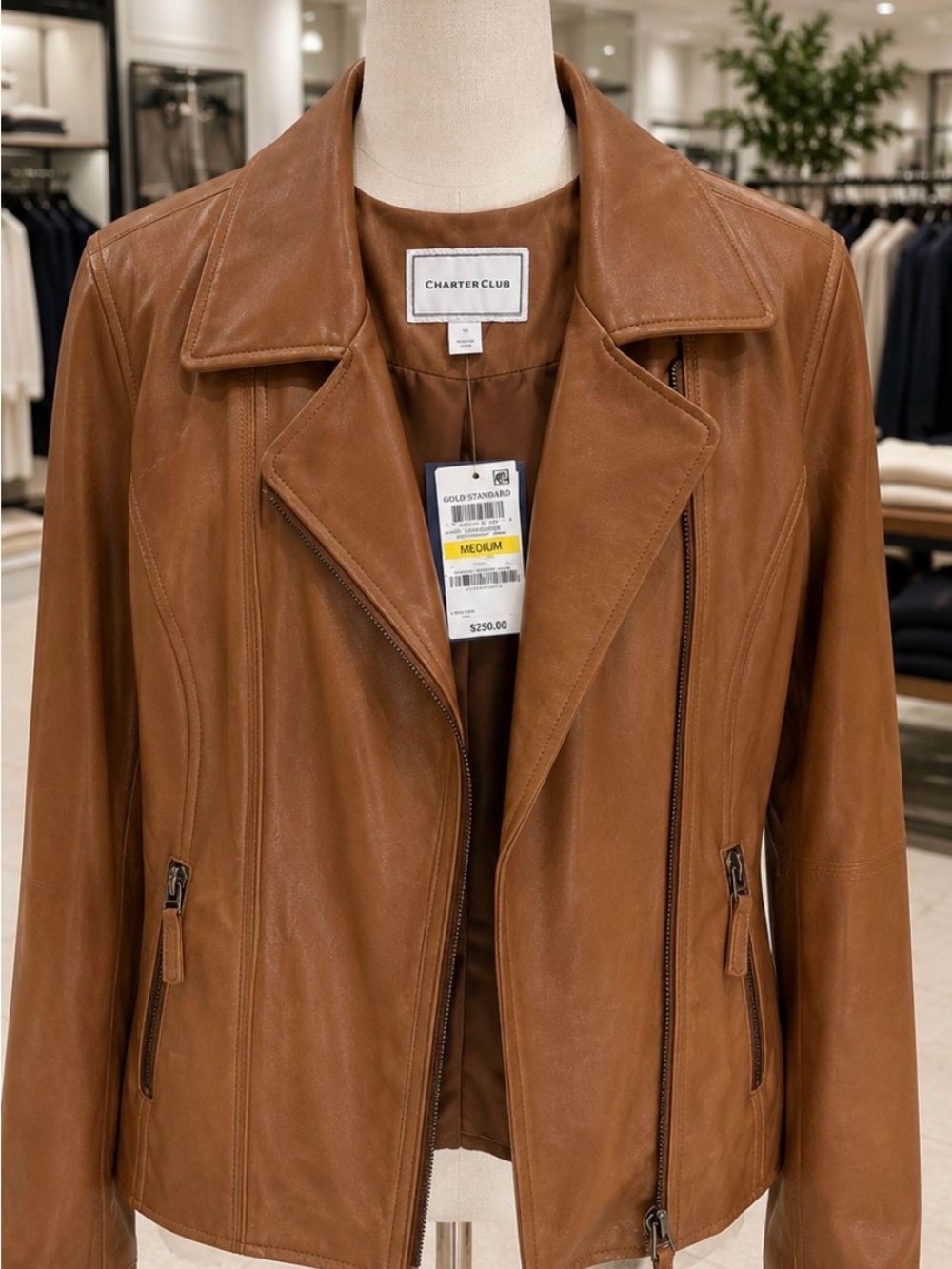 Charter Club Genuine Leather Moto Jacket – Cognac Brown – Size Medium
